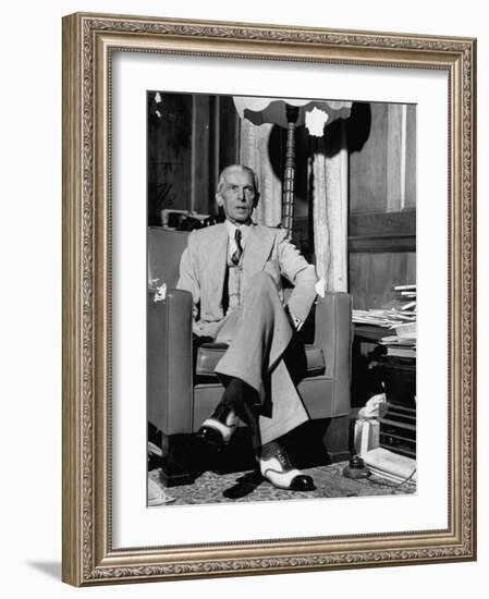 Mohammed Ali Jinnah, Pres. of India's Moslem League, Dressed in Western-Style Suit in his Study-Margaret Bourke-White-Framed Photographic Print