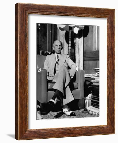 Mohammed Ali Jinnah, Pres. of India's Moslem League, Dressed in Western-Style Suit in his Study-Margaret Bourke-White-Framed Photographic Print