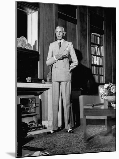 Mohammed Ali Jinnah, Pres. of India's Moslem League, Dressed in Western-Style Suit in his Study-Margaret Bourke-White-Mounted Premium Photographic Print