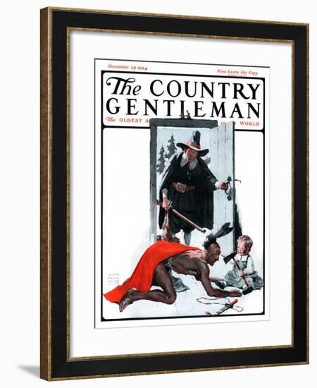 "Mohawk Indian Playing with Pilgrim Baby," Country Gentleman Cover, November 29, 1924-William Meade Prince-Framed Giclee Print