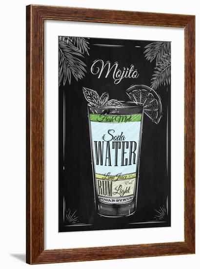 Mojito Cocktail in Vintage Style Stylized Drawing with Chalk on Blackboard-anna42f-Framed Art Print