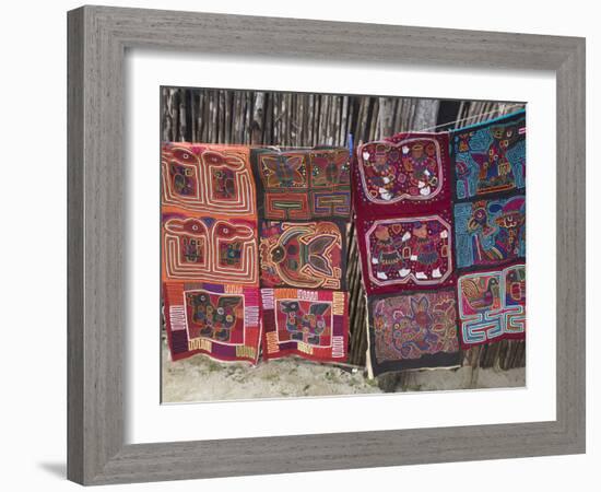 Molas Hanging Up for Sale Outside Thatched House, Isla Tigre, San Blas Islands, Panama-Jane Sweeney-Framed Photographic Print