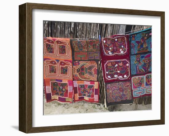 Molas Hanging Up for Sale Outside Thatched House, Isla Tigre, San Blas Islands, Panama-Jane Sweeney-Framed Photographic Print