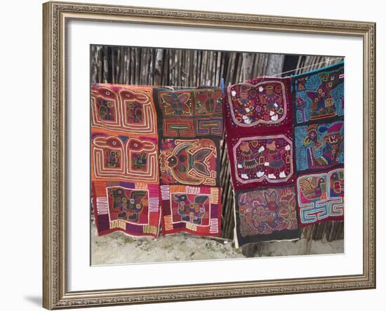 Molas Hanging Up for Sale Outside Thatched House, Isla Tigre, San Blas Islands, Panama-Jane Sweeney-Framed Photographic Print