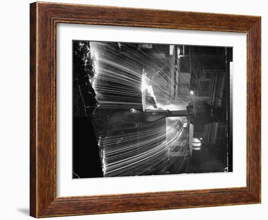 Molten Steel Being Poured from an Open Hearth Furnace at Carnegie Illinois Steel Mill-Andreas Feininger-Framed Photographic Print