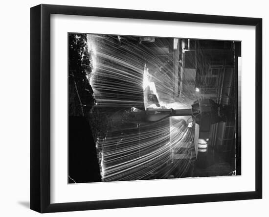 Molten Steel Being Poured from an Open Hearth Furnace at Carnegie Illinois Steel Mill-Andreas Feininger-Framed Photographic Print