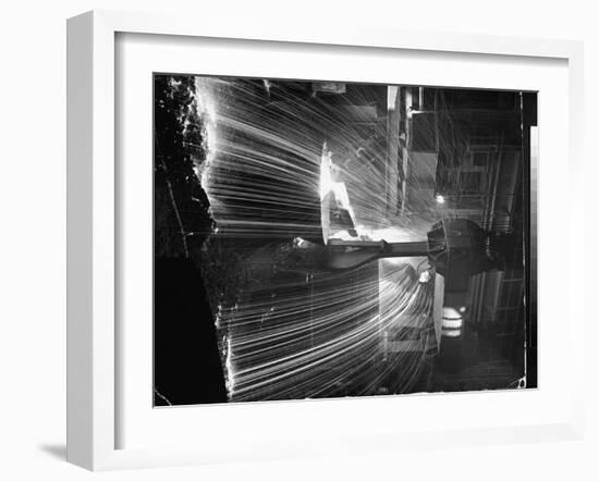 Molten Steel Being Poured from an Open Hearth Furnace at Carnegie Illinois Steel Mill-Andreas Feininger-Framed Photographic Print