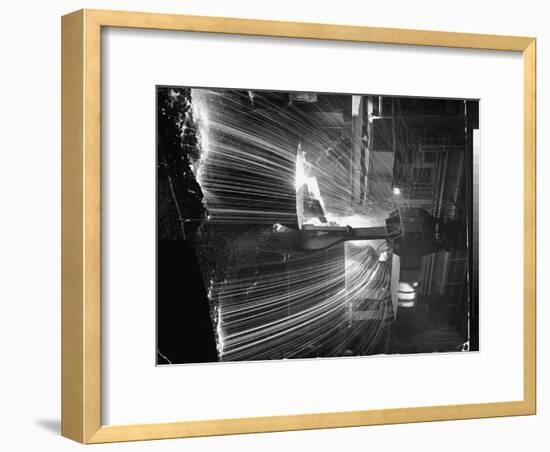 Molten Steel Being Poured from an Open Hearth Furnace at Carnegie Illinois Steel Mill-Andreas Feininger-Framed Photographic Print