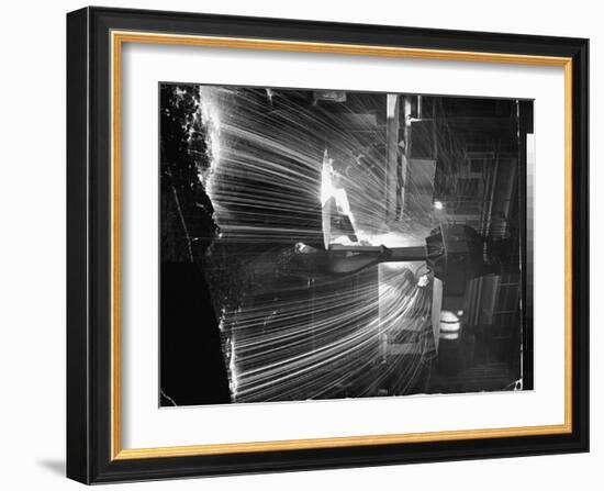 Molten Steel Being Poured from an Open Hearth Furnace at Carnegie Illinois Steel Mill-Andreas Feininger-Framed Photographic Print