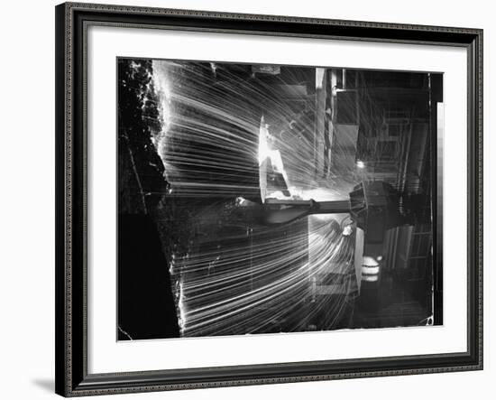 Molten Steel Being Poured from an Open Hearth Furnace at Carnegie Illinois Steel Mill-Andreas Feininger-Framed Photographic Print