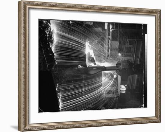 Molten Steel Being Poured from an Open Hearth Furnace at Carnegie Illinois Steel Mill-Andreas Feininger-Framed Photographic Print