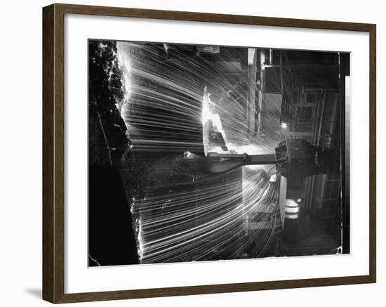 Molten Steel Being Poured from an Open Hearth Furnace at Carnegie Illinois Steel Mill-Andreas Feininger-Framed Photographic Print