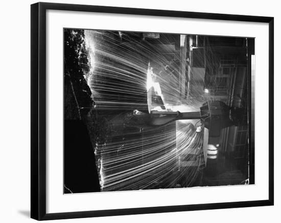 Molten Steel Being Poured from an Open Hearth Furnace at Carnegie Illinois Steel Mill-Andreas Feininger-Framed Photographic Print