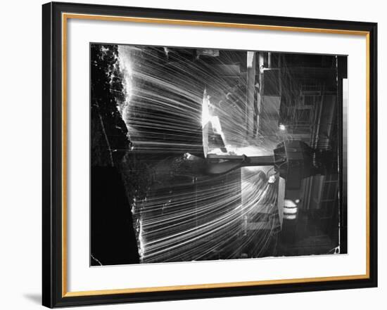 Molten Steel Being Poured from an Open Hearth Furnace at Carnegie Illinois Steel Mill-Andreas Feininger-Framed Photographic Print