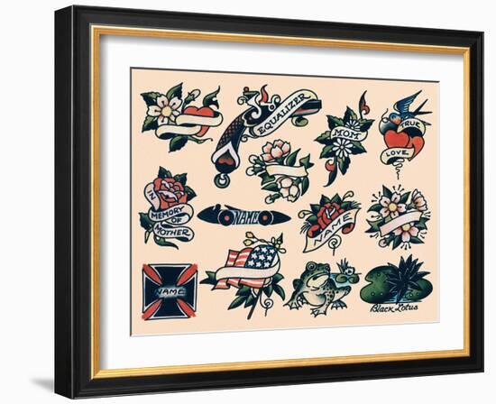 Mom, Guns & True Love, Authentic Tattoo Flash by Norman Collins, aka, Sailor Jerry-null-Framed Art Print