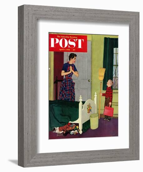 "Mom, I Cleaned My Room!" Saturday Evening Post Cover, April 2, 1955-Richard Sargent-Framed Giclee Print