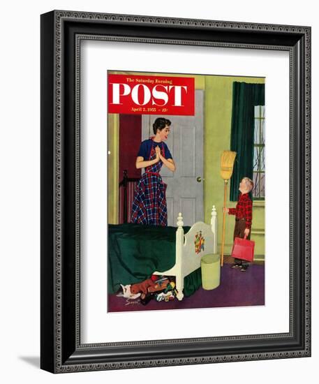 "Mom, I Cleaned My Room!" Saturday Evening Post Cover, April 2, 1955-Richard Sargent-Framed Giclee Print