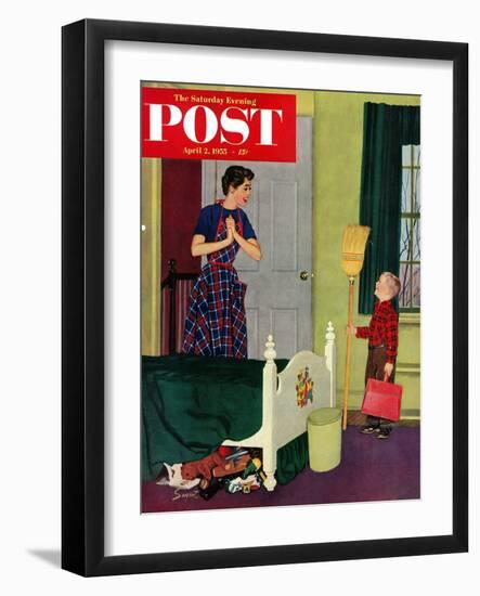 "Mom, I Cleaned My Room!" Saturday Evening Post Cover, April 2, 1955-Richard Sargent-Framed Giclee Print