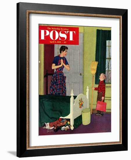 "Mom, I Cleaned My Room!" Saturday Evening Post Cover, April 2, 1955-Richard Sargent-Framed Giclee Print