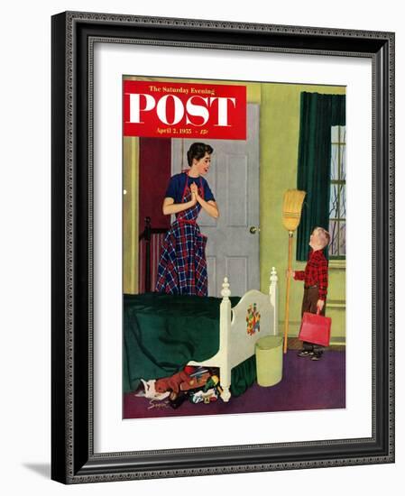 "Mom, I Cleaned My Room!" Saturday Evening Post Cover, April 2, 1955-Richard Sargent-Framed Giclee Print