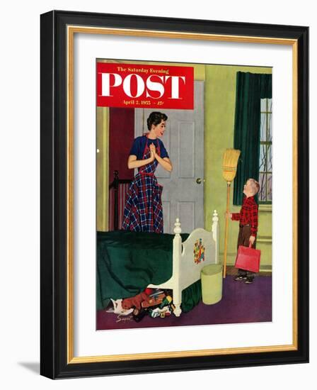"Mom, I Cleaned My Room!" Saturday Evening Post Cover, April 2, 1955-Richard Sargent-Framed Giclee Print
