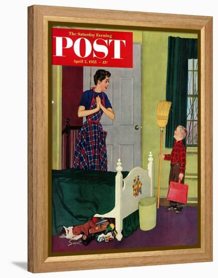 "Mom, I Cleaned My Room!" Saturday Evening Post Cover, April 2, 1955-Richard Sargent-Framed Premier Image Canvas