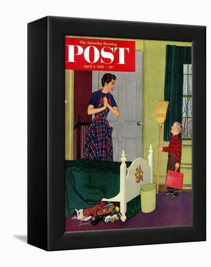 "Mom, I Cleaned My Room!" Saturday Evening Post Cover, April 2, 1955-Richard Sargent-Framed Premier Image Canvas