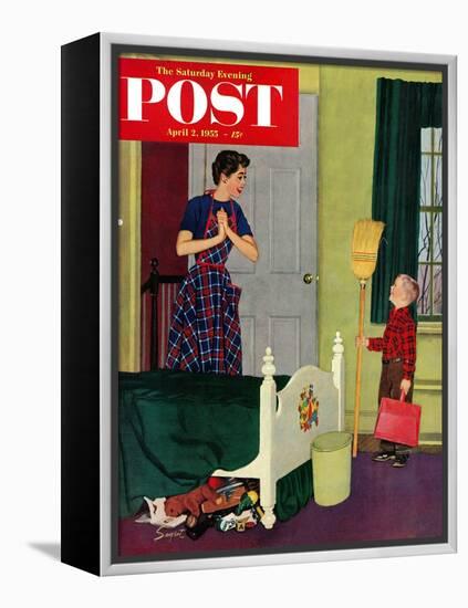 "Mom, I Cleaned My Room!" Saturday Evening Post Cover, April 2, 1955-Richard Sargent-Framed Premier Image Canvas