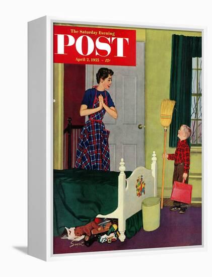 "Mom, I Cleaned My Room!" Saturday Evening Post Cover, April 2, 1955-Richard Sargent-Framed Premier Image Canvas