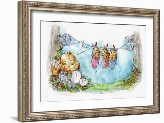 Momma Tabby Cat washing Kittens-sylvia pimental-Framed Art Print