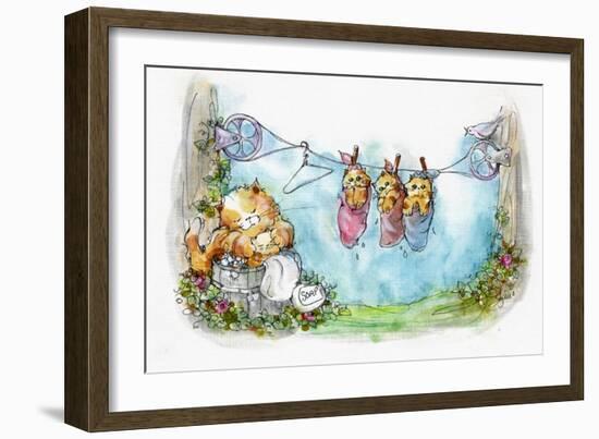 Momma Tabby Cat washing Kittens-sylvia pimental-Framed Art Print