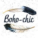 Illustration with Boho-Chic Label. Boho Style. Hand Drawn Watercolor Feathers on White Background.-Mona Monash-Stretched Canvas