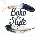 Illustration with Boho-Chic Label. Boho Style. Hand Drawn Watercolor Feathers on White Background.-Mona Monash-Stretched Canvas