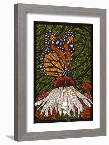 Monarch Butterfly - Paper Mosaic - Green Background-Lantern Press-Framed Art Print