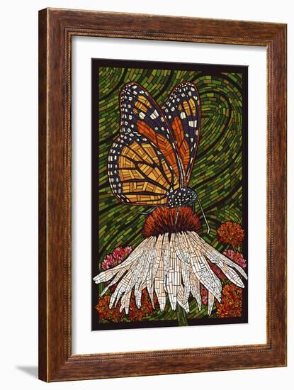 Monarch Butterfly - Paper Mosaic - Green Background-Lantern Press-Framed Art Print