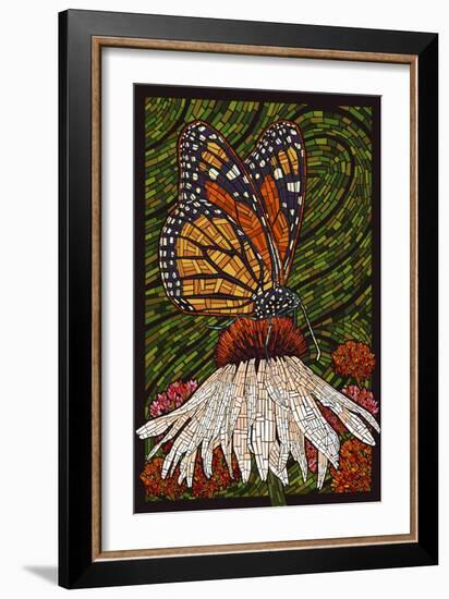 Monarch Butterfly - Paper Mosaic - Green Background-Lantern Press-Framed Art Print