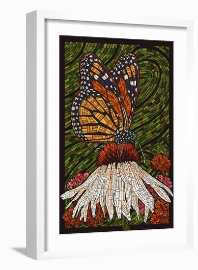 Monarch Butterfly - Paper Mosaic - Green Background-Lantern Press-Framed Art Print