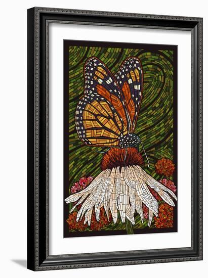 Monarch Butterfly - Paper Mosaic - Green Background-Lantern Press-Framed Art Print