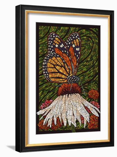 Monarch Butterfly - Paper Mosaic - Green Background-Lantern Press-Framed Art Print