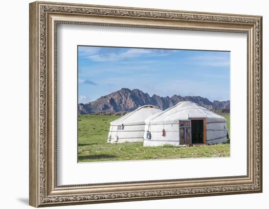 Mongolian gers and mountains in the background, Middle Gobi province, Mongolia, Central Asia, Asia-Francesco Vaninetti-Framed Photographic Print