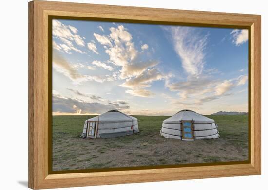 Mongolian nomadic traditional gers and clouds in the sky, Middle Gobi province, Mongolia, Central A-Francesco Vaninetti-Framed Premier Image Canvas