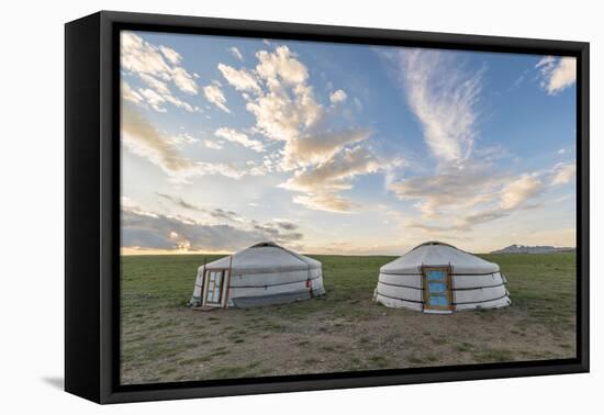 Mongolian nomadic traditional gers and clouds in the sky, Middle Gobi province, Mongolia, Central A-Francesco Vaninetti-Framed Premier Image Canvas