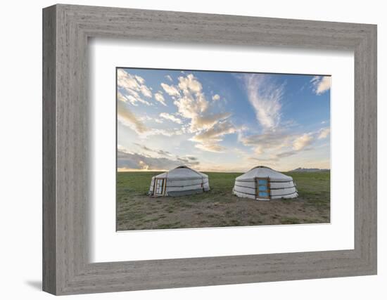 Mongolian nomadic traditional gers and clouds in the sky, Middle Gobi province, Mongolia, Central A-Francesco Vaninetti-Framed Photographic Print