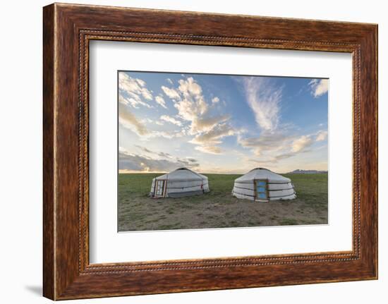 Mongolian nomadic traditional gers and clouds in the sky, Middle Gobi province, Mongolia, Central A-Francesco Vaninetti-Framed Photographic Print