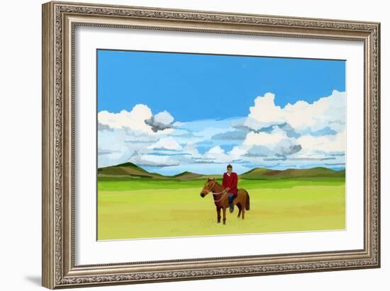 Mongolian Steppes and People Riding Horses, 2015 (Gouche on Paper)-Hiroyuki Izutsu-Framed Giclee Print