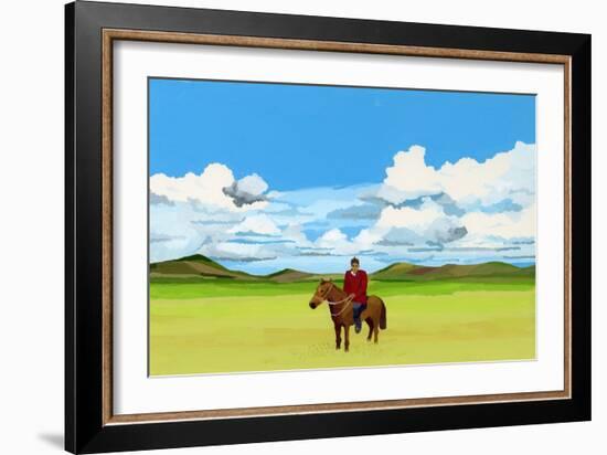 Mongolian Steppes and People Riding Horses, 2015 (Gouche on Paper)-Hiroyuki Izutsu-Framed Giclee Print