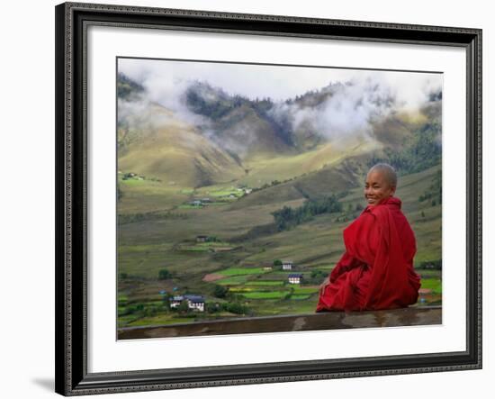 Monk and Farmlands in the Phobjikha Valley, Gangtey Village, Bhutan-Keren Su-Framed Photographic Print