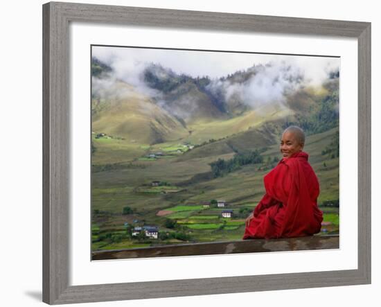 Monk and Farmlands in the Phobjikha Valley, Gangtey Village, Bhutan-Keren Su-Framed Photographic Print