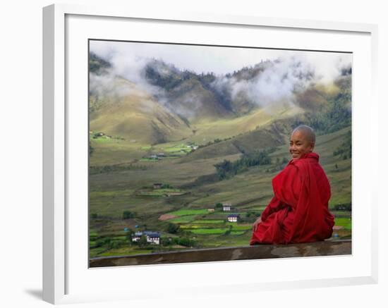 Monk and Farmlands in the Phobjikha Valley, Gangtey Village, Bhutan-Keren Su-Framed Photographic Print