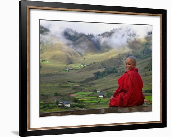 Monk and Farmlands in the Phobjikha Valley, Gangtey Village, Bhutan-Keren Su-Framed Photographic Print